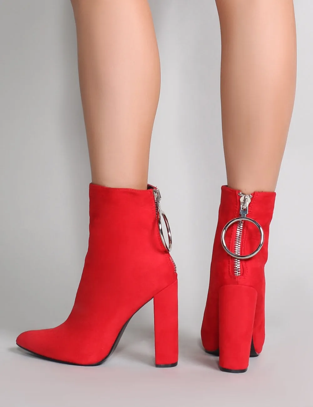 Fleek Metal Ring Ankle Boots in Red Faux Suede