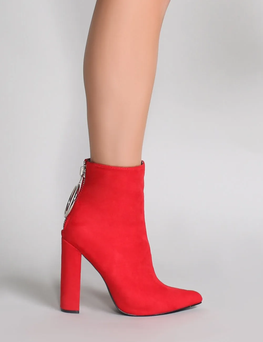 Fleek Metal Ring Ankle Boots in Red Faux Suede