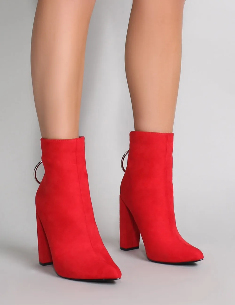 Fleek Metal Ring Ankle Boots in Red Faux Suede