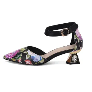 Flower Print Pointed Toe Mid Heel Pumps