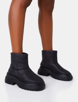 Frostbite Black Nylon Quilted Chunky Sole Ankle Boots