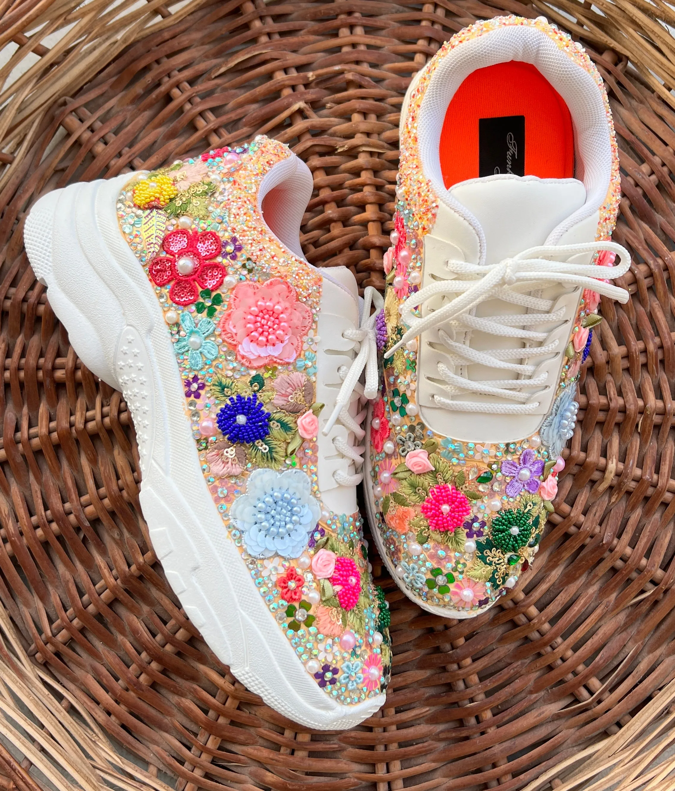 FUNKY N TRENDY fully hand crafted floral work with beads rhinestones cutdana etc /bridal sneakers / bridesmaid sneakers/ floral sneakers /colorful sneakers /bridal shoes / haldi mahendi shoes