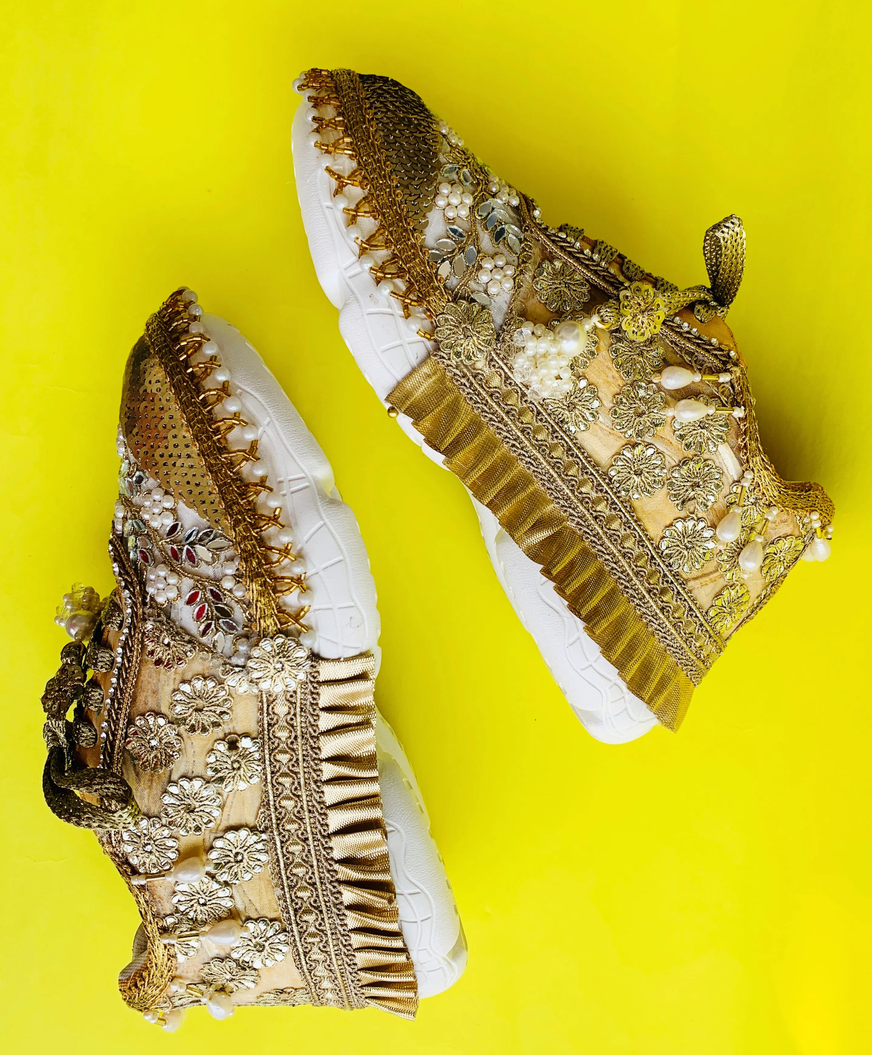 FUNKY N TRENDY gold mirror and pearl sneakers for brides /bridesmaids / sneakers for bridesmaids/ handcrafted sneakers/ mirror sneakers / bridal sneakers / bridesmaid sneakers/ gold sneakers / mirror shoes