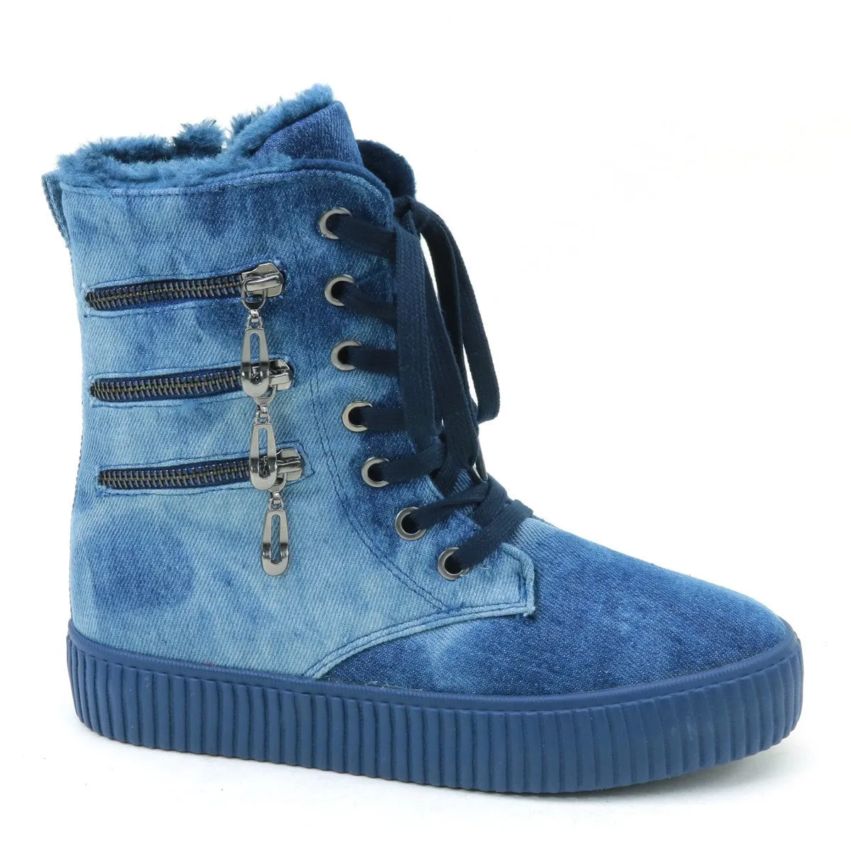 Fur Lining Distressed Canvas Sneaker Zipper Women's Vegan Bootie