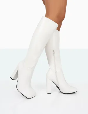 Gia Ecru Box PU Square Toe Block Heel Knee High Boots