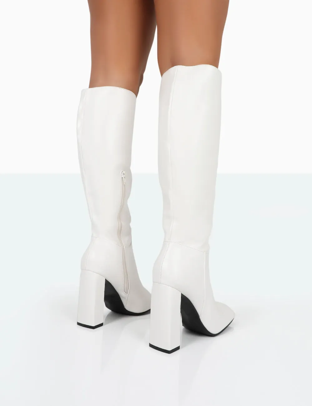 Gia Ecru Box PU Square Toe Block Heel Knee High Boots