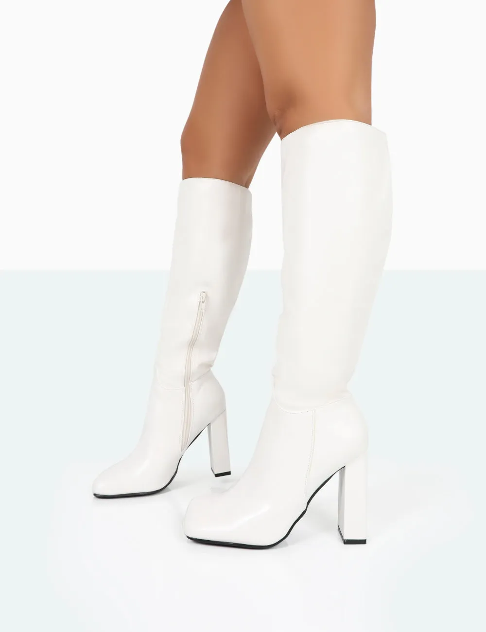 Gia Ecru Box PU Square Toe Block Heel Knee High Boots