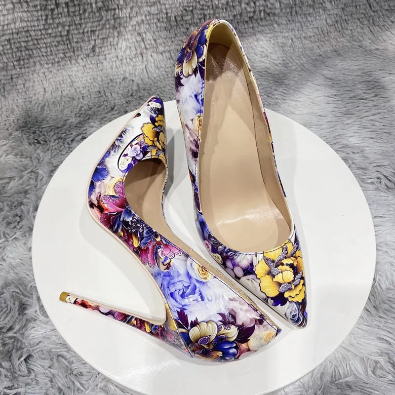 Glossy Painted Flowers Print Pointed Toe Stiletto Pumps