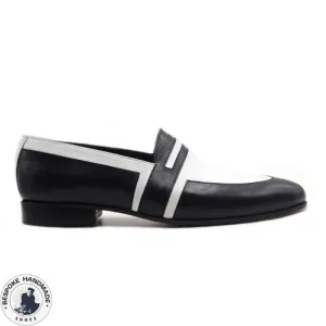 Handmade Men's White And Black Leather Slip On Moccasin Fashion Shoes For Men's