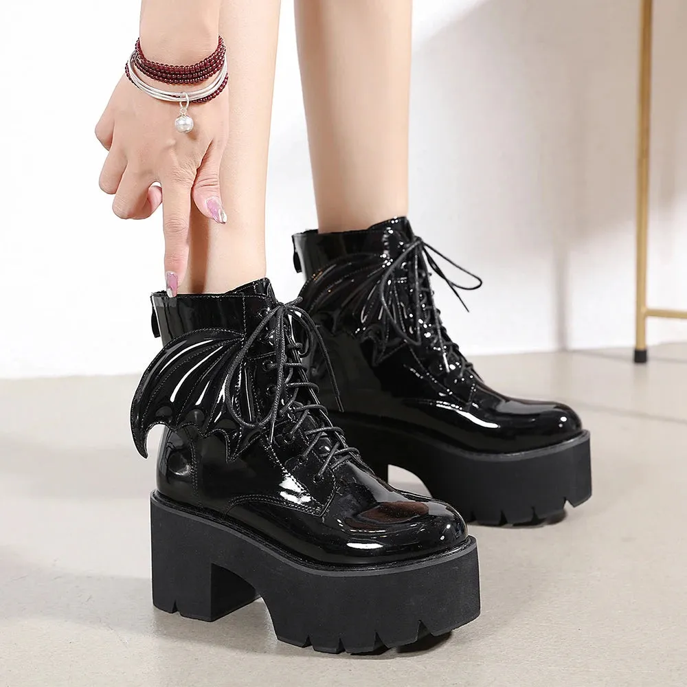 Hnzxzm Women's Black Back Zipper Chunky Heel Boots Goth Style Lace Up Solid Color Platform Short Boots for Women Fashion Wing