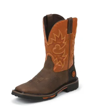 Justin Mens Orange Rustic Leather Work Boots 11in Hybred Pull-On