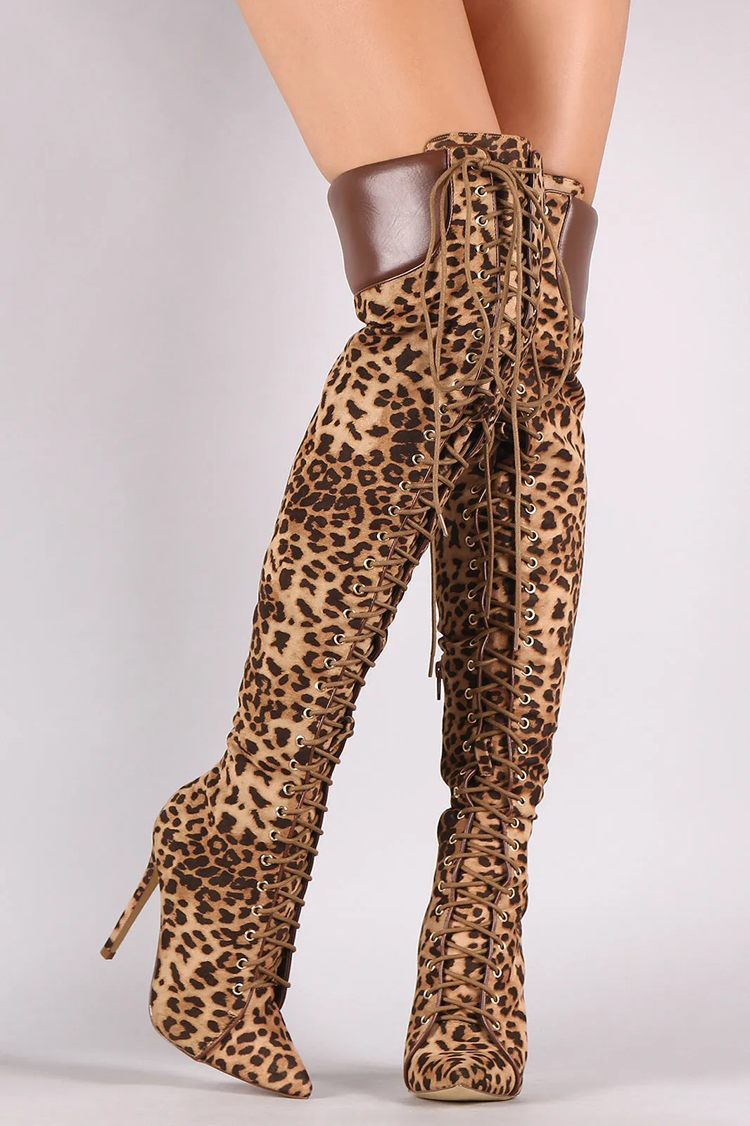 Liliana Leopard Pointy Toe Lace-Up Over-The-Knee Boots