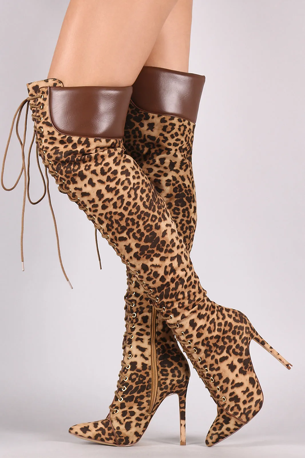 Liliana Leopard Pointy Toe Lace-Up Over-The-Knee Boots