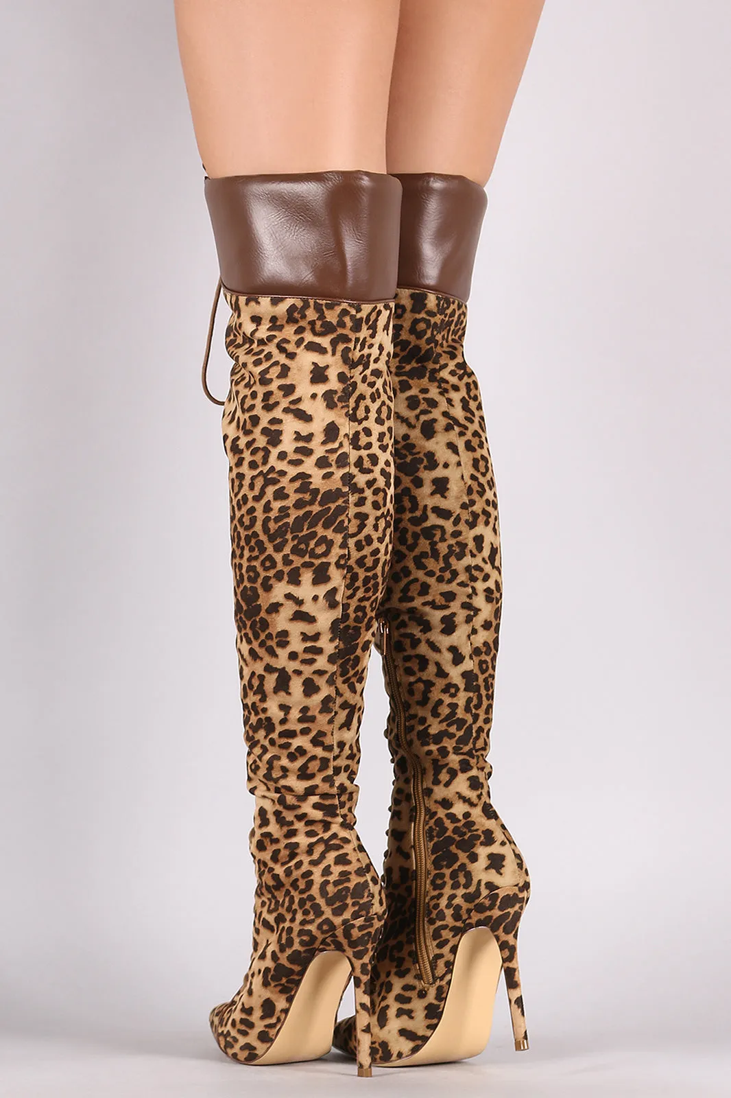 Liliana Leopard Pointy Toe Lace-Up Over-The-Knee Boots