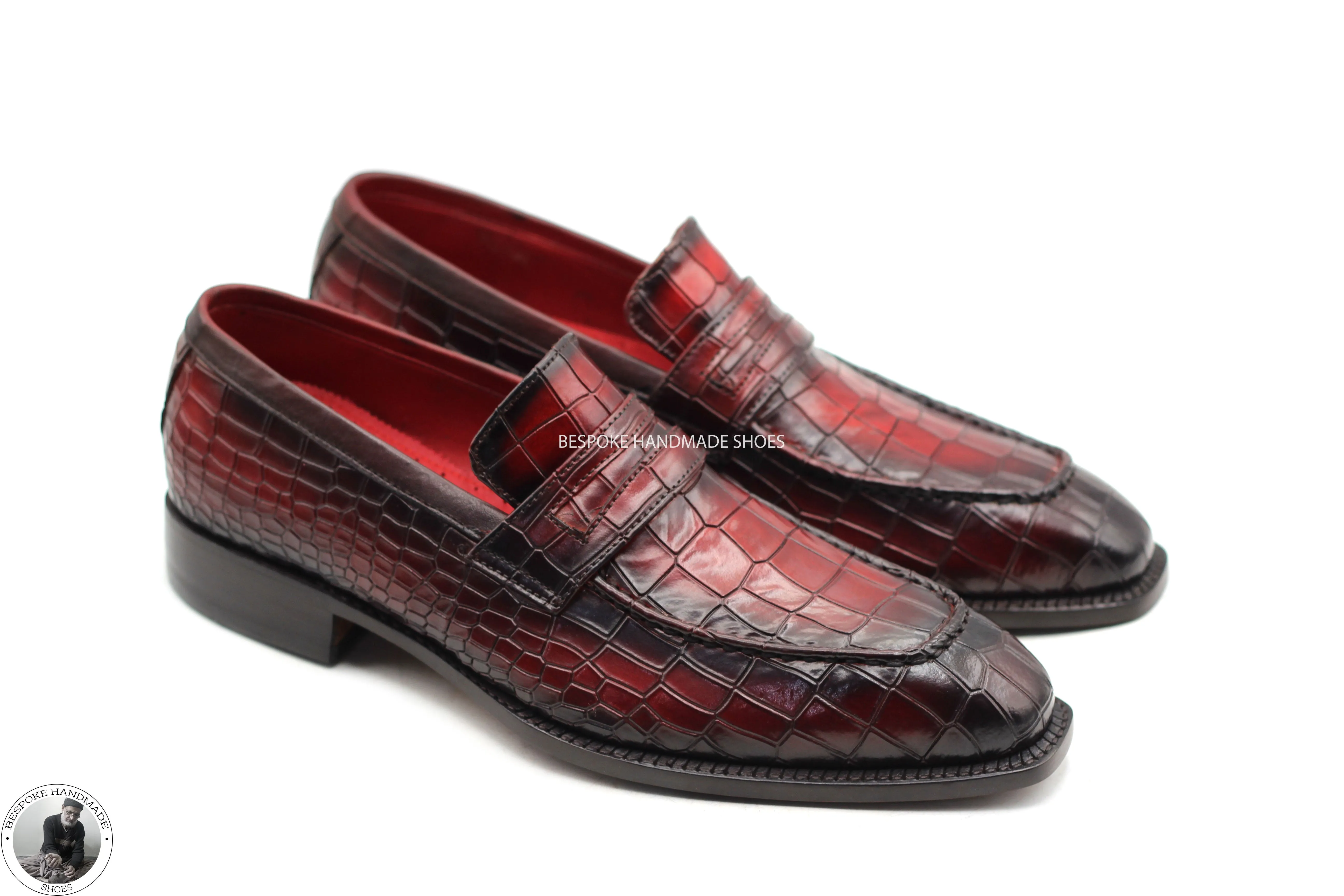 Men's Handmade Alligator Print Maroon Leather & Black Shaded Slip On Moccasin Dress Shoe