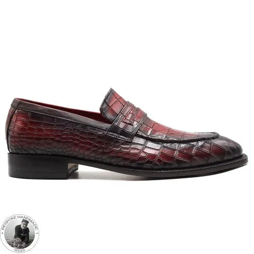 Men's Handmade Alligator Print Maroon Leather & Black Shaded Slip On Moccasin Dress Shoe