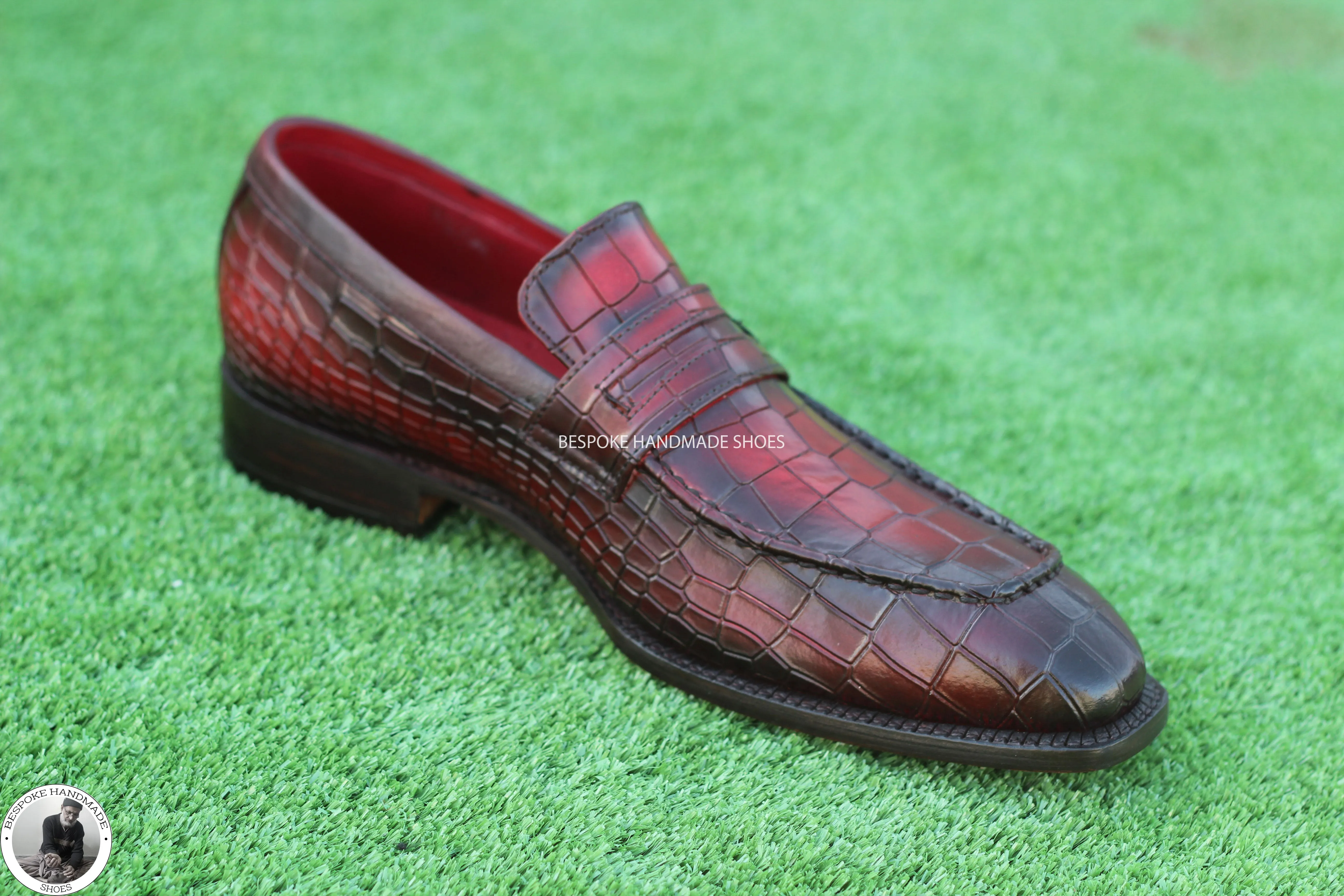 Men's Handmade Alligator Print Maroon Leather & Black Shaded Slip On Moccasin Dress Shoe