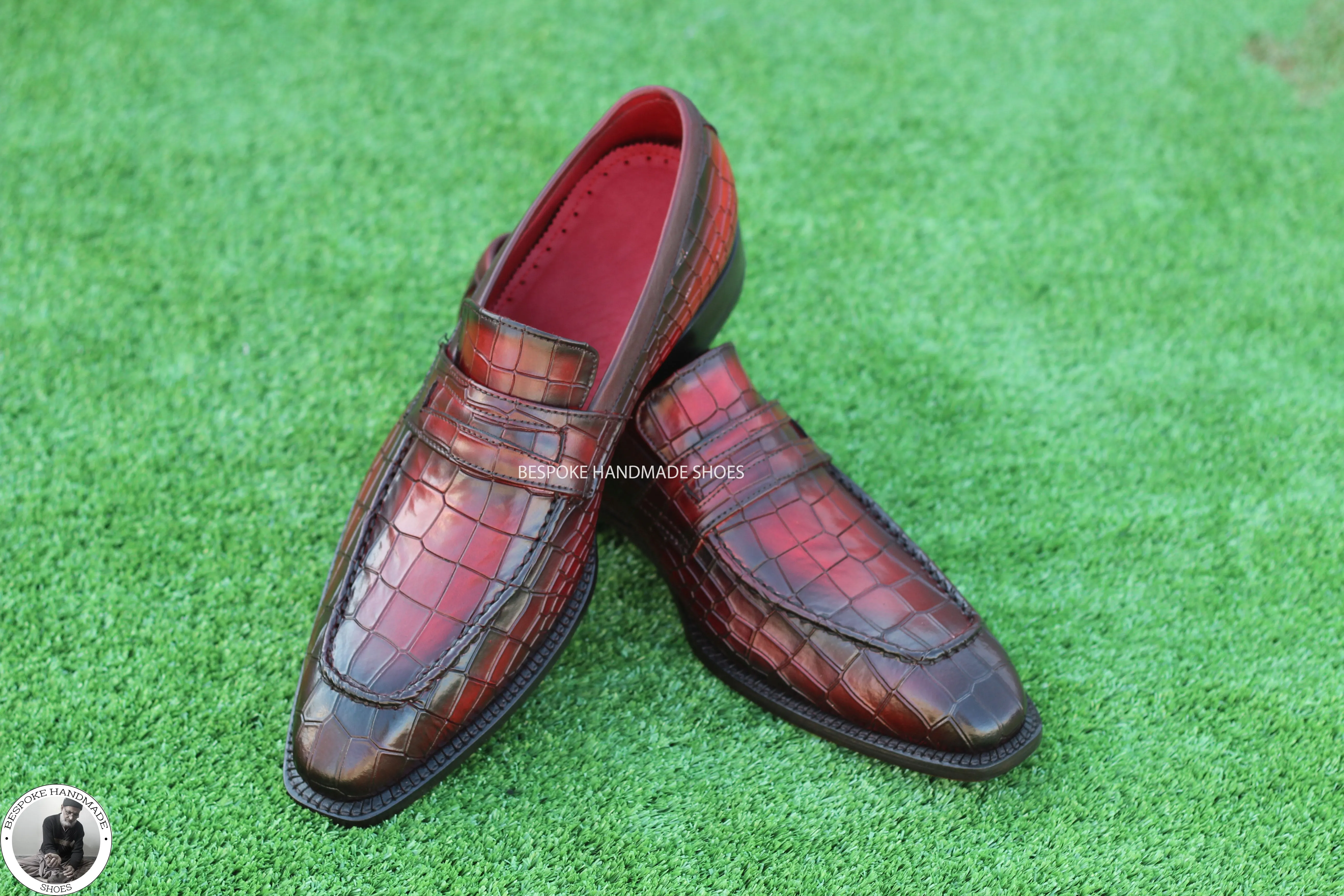 Men's Handmade Alligator Print Maroon Leather & Black Shaded Slip On Moccasin Dress Shoe