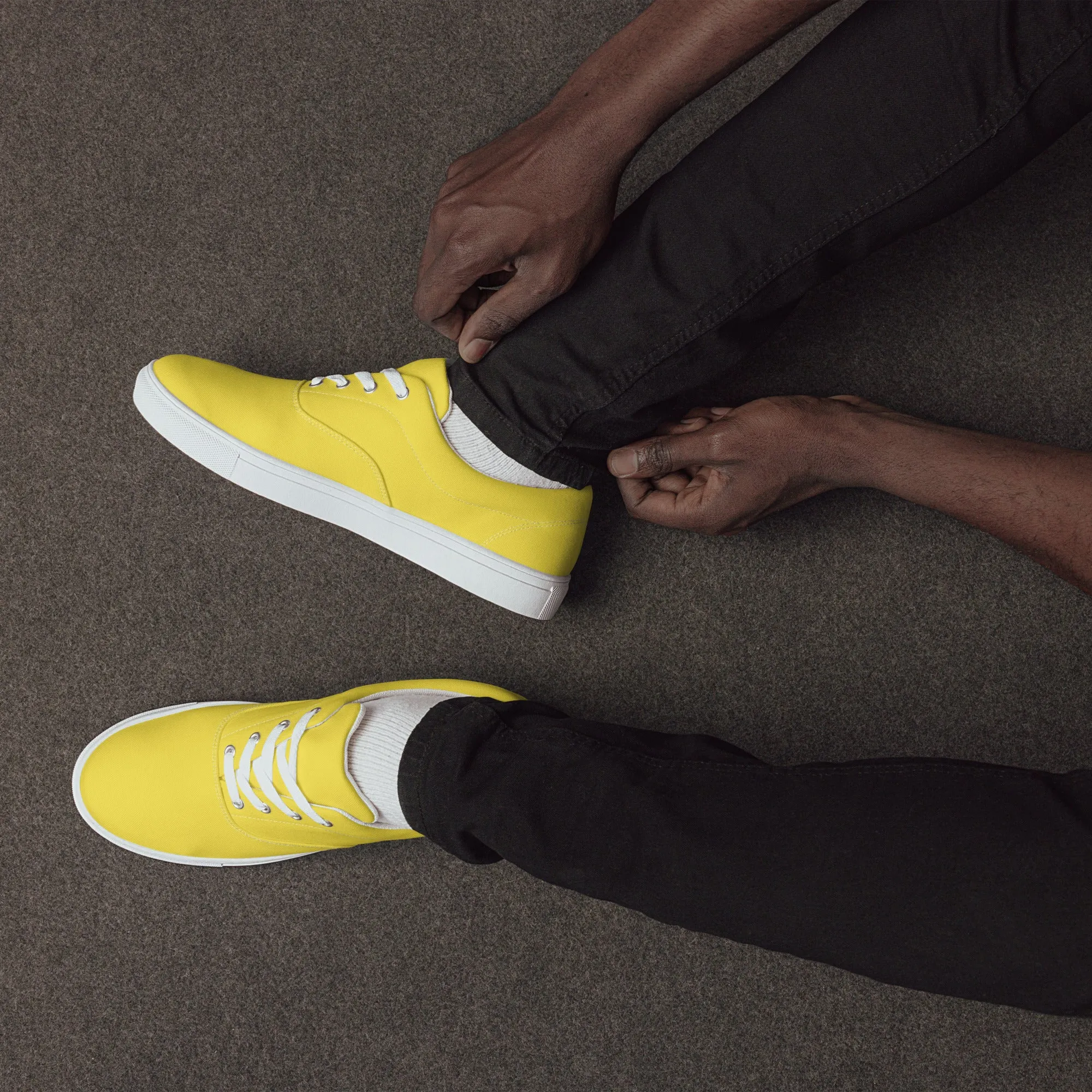 Men's Lemon Yellow Low Tops, Solid Bright Yellow Color Best Designer Men’s Lace-up Canvas Shoes (US Size: 5-13)