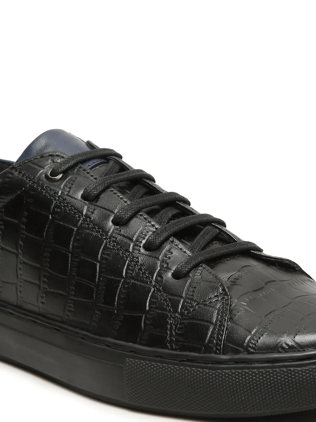 Men's Stylish Black Lace-Up Texture Sneakers Leather Shoes