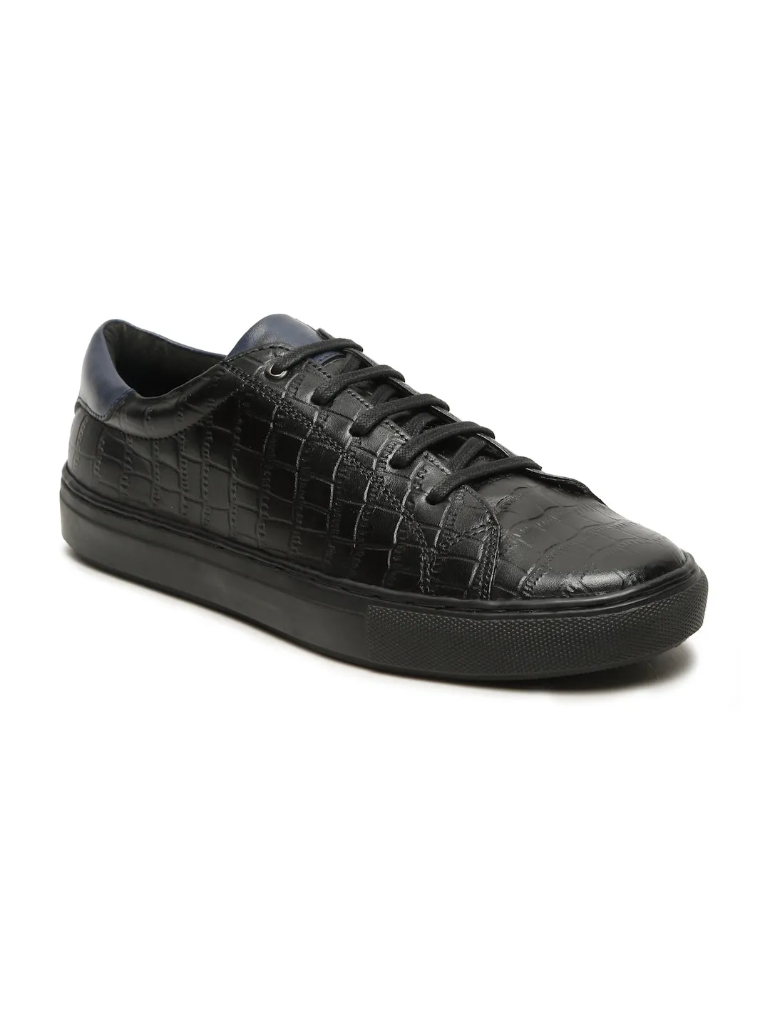 Men's Stylish Black Lace-Up Texture Sneakers Leather Shoes