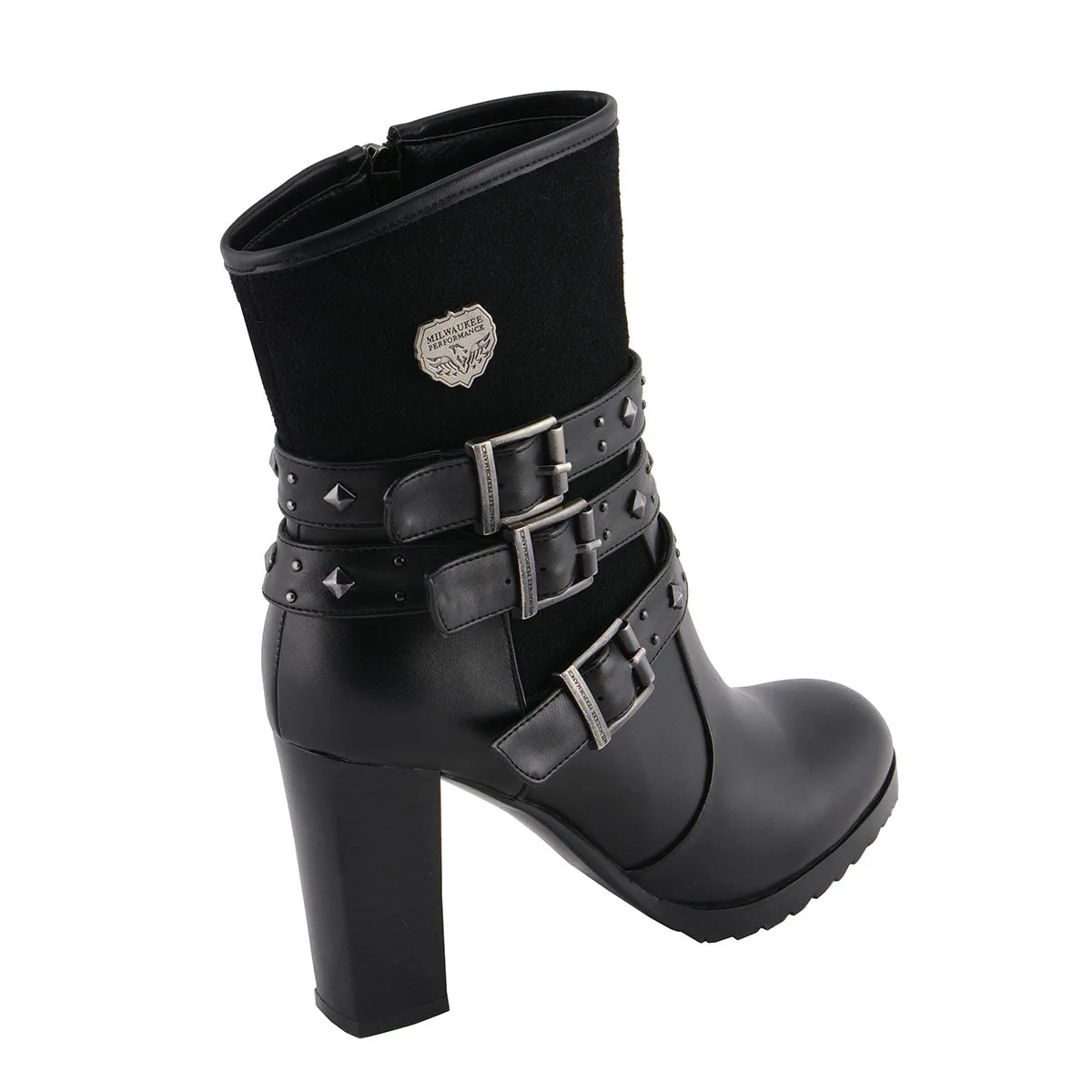 Milwaukee Leather MBL9433 Women's Black Triple Buckle Strap Fashion Riding Boots with Block Heel