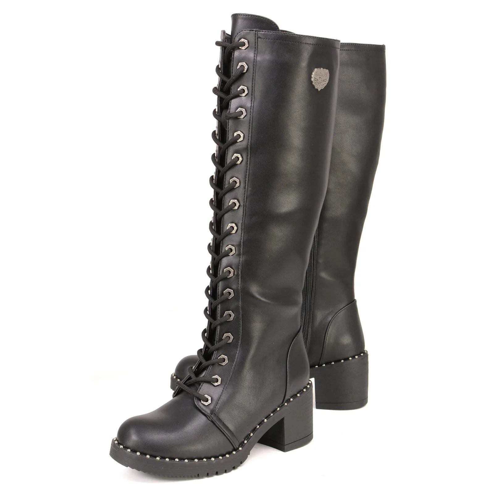 Milwaukee Leather MBL9442 Women's Black Lace-Up Tall Biker Fashion Boots with Platform Heel & Studs