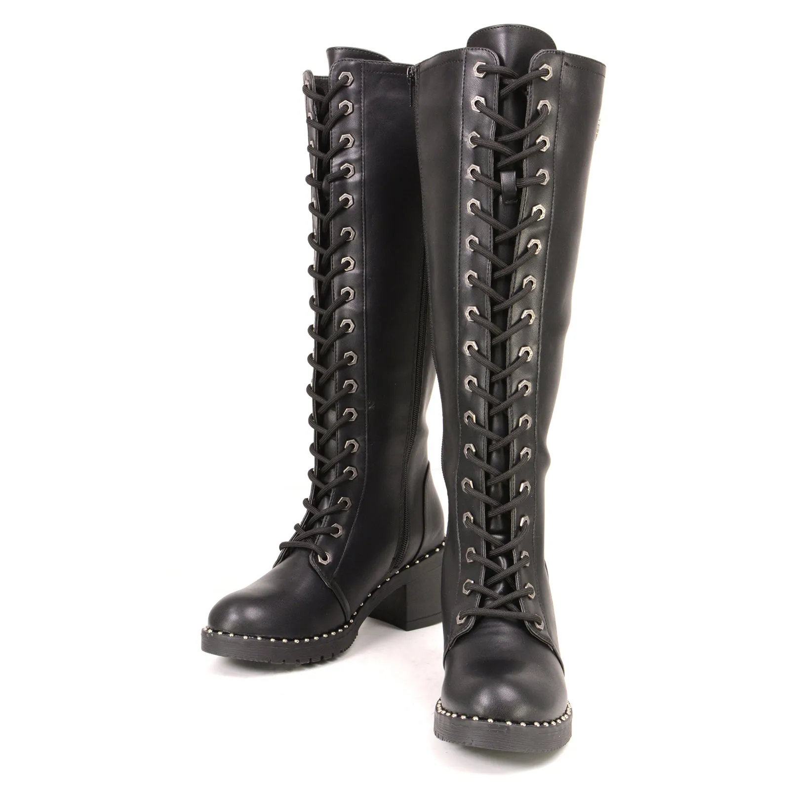 Milwaukee Leather MBL9442 Women's Black Lace-Up Tall Biker Fashion Boots with Platform Heel & Studs