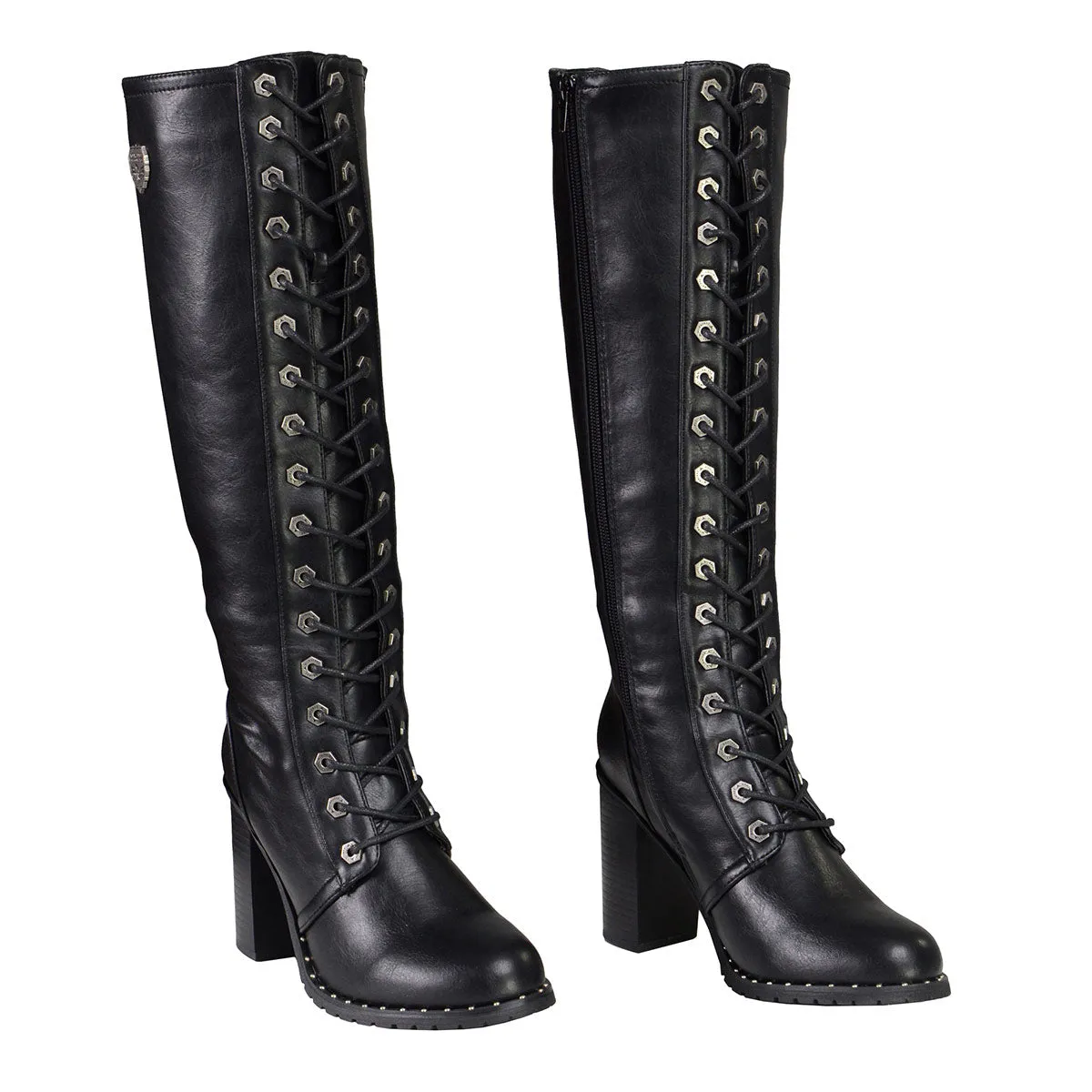 Milwaukee Leather MBL9442 Women's Black Lace-Up Tall Biker Fashion Boots with Platform Heel & Studs