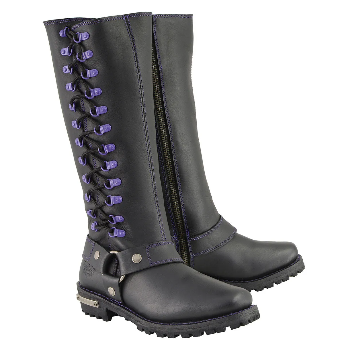 Milwaukee Leather Women's Black 14-inch Leather Harness Motorcycle Boots with Purple Accent Lacing MBL9366