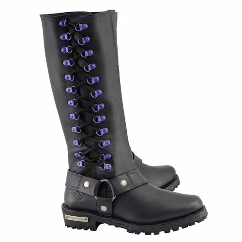 Milwaukee Leather Women's Black 14-inch Leather Harness Motorcycle Boots with Purple Accent Lacing MBL9366