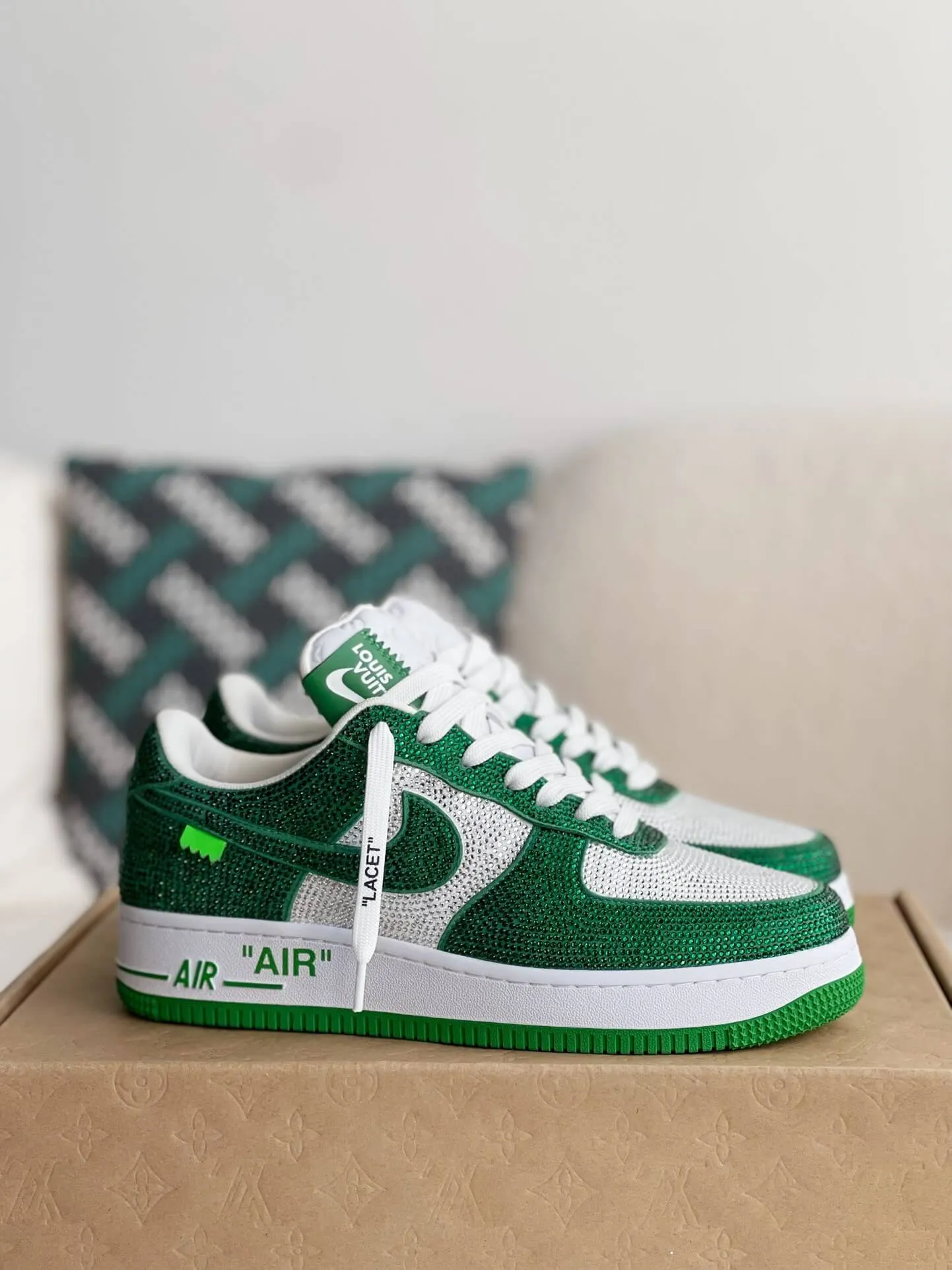 Nike x Louis Vuitton LV Air Force 1 Trainer Green White Rhinestone Sneakers