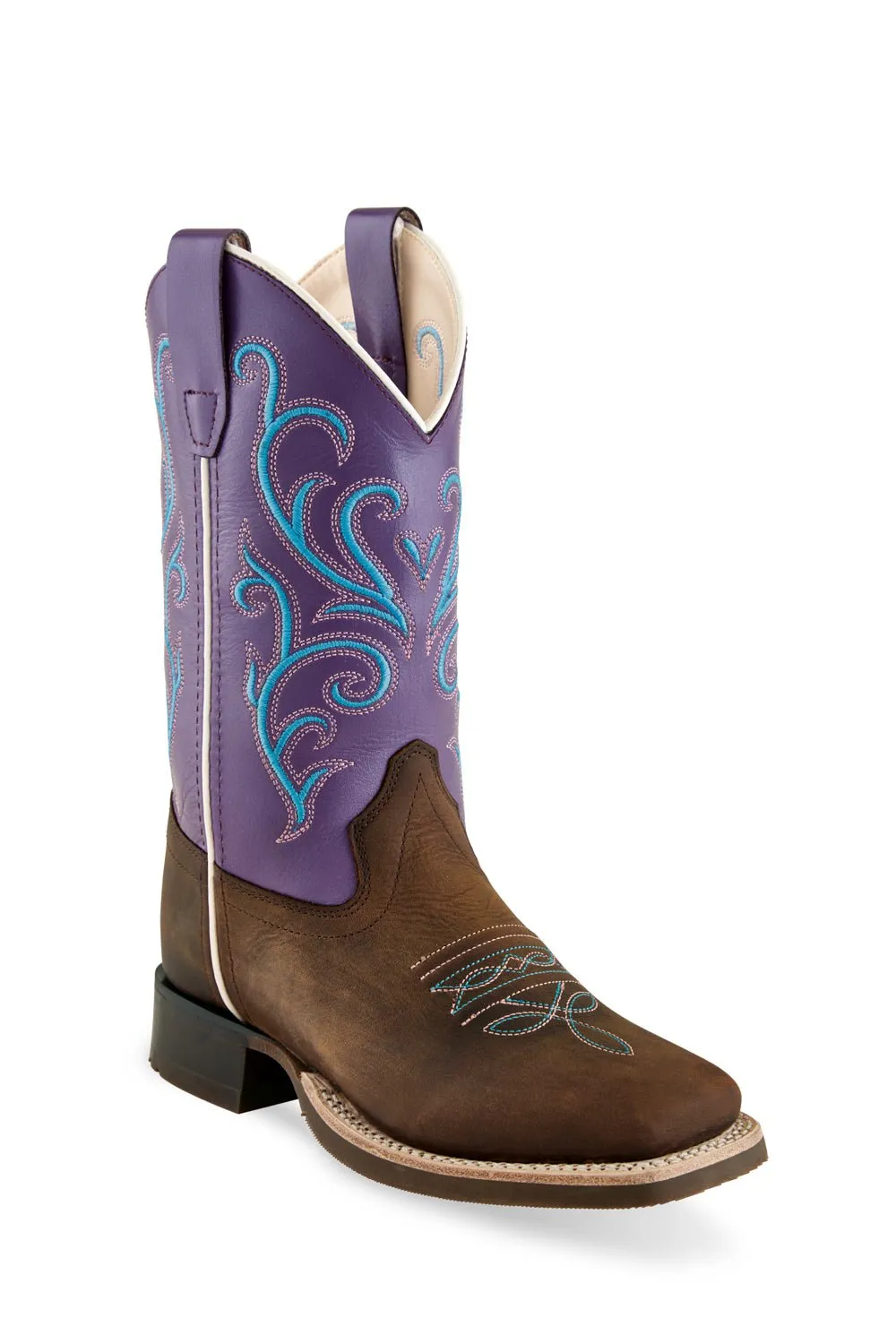 Old West Brown/Purple Youth Girls Leather Cowboy Boots 7D