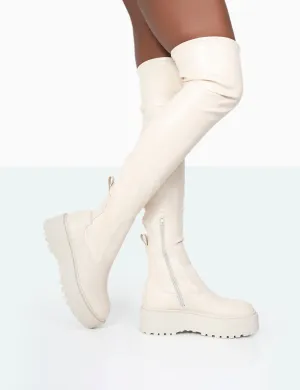 Pheonixe Ecru Pu Chunky Sole Round Toe Over The Knee Boots