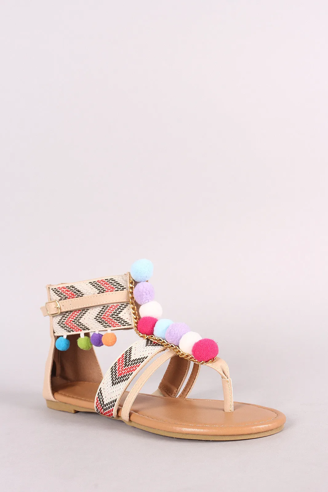 Pom Pom T-Strap Chevron Ankle Cuff Gladiator Thong Flat Sandal