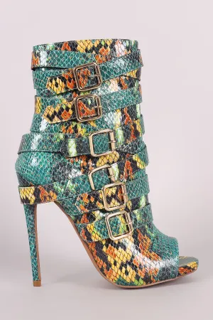 Python Print Strappy Buckled Straps Stiletto Booties