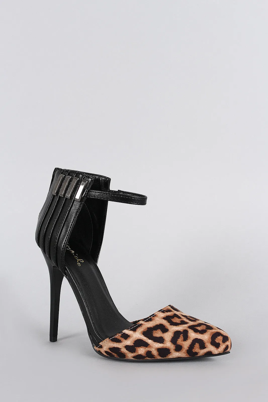 Qupid Leopard Pleated Metal Hardware Pointy Toe Stiletto Pump