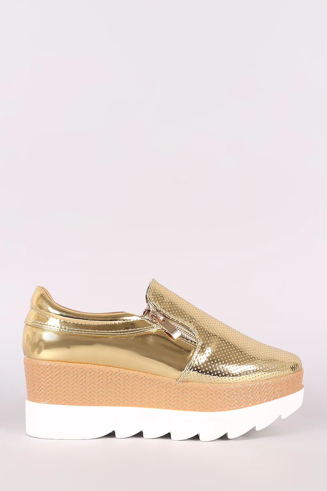 Qupid Zip-Up Perforated Metallic Lug Sole Loafer Wedge