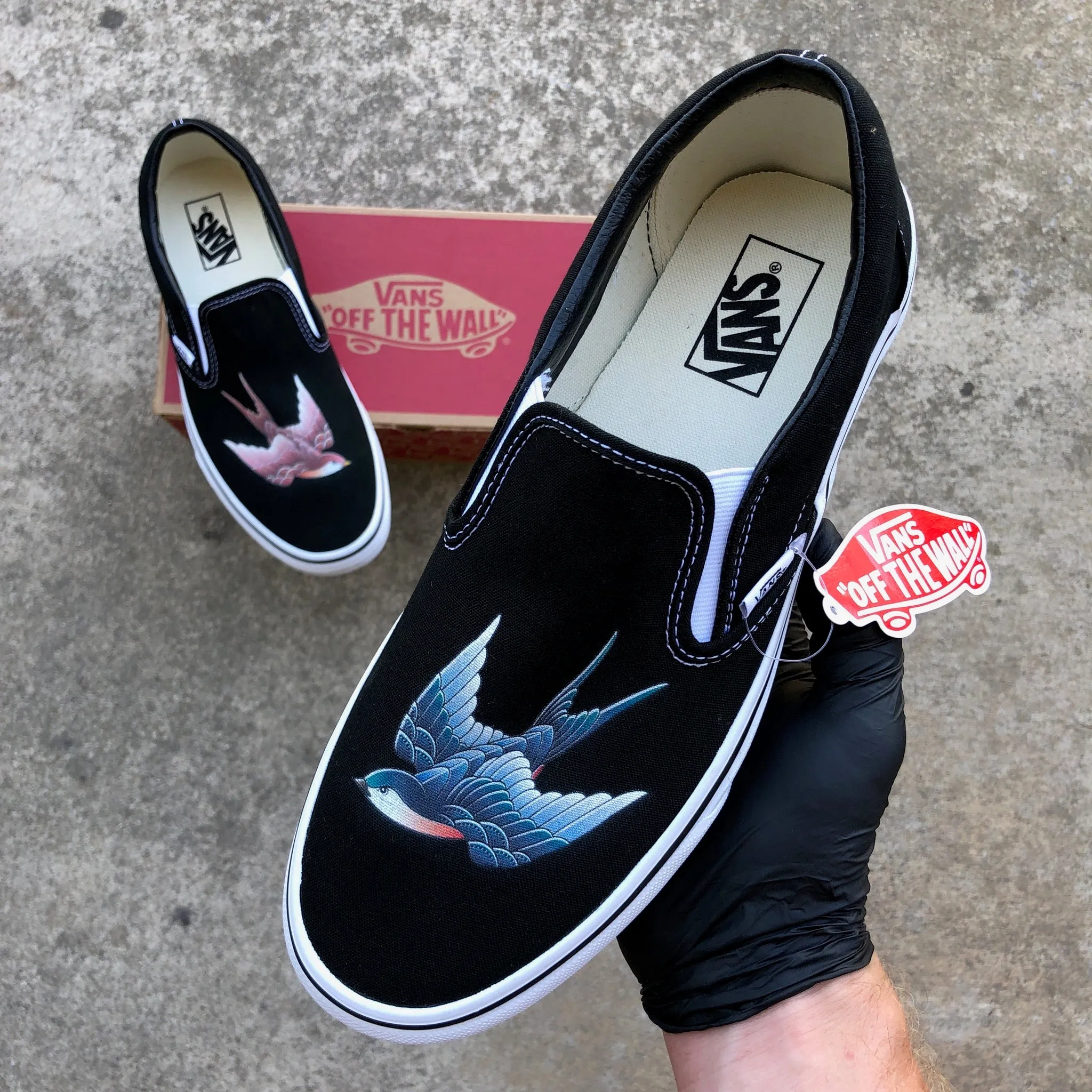 Red And Blue Sparrow - Black Slip Ons