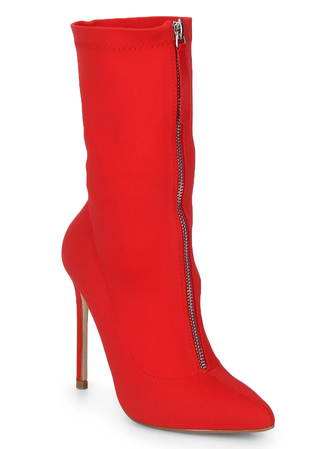 Red Lycra Front Chain Stiletto Ankle Boots