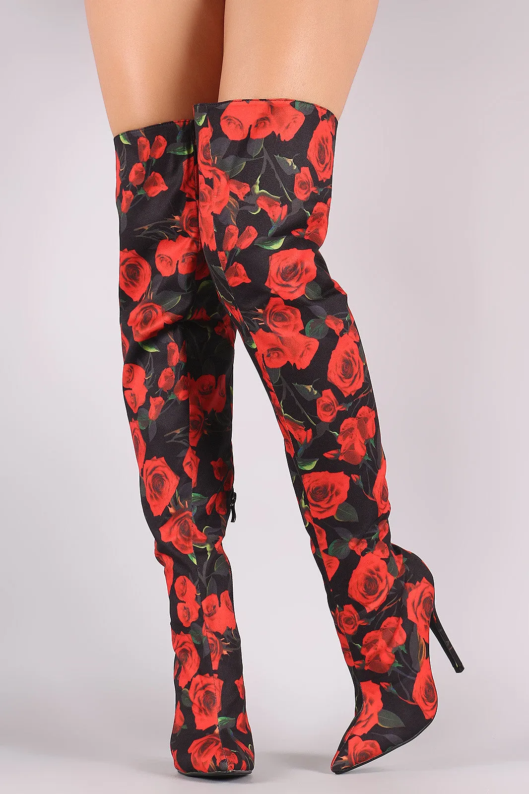 Rosette Print Pointy Toe Over-The-Knee Boots