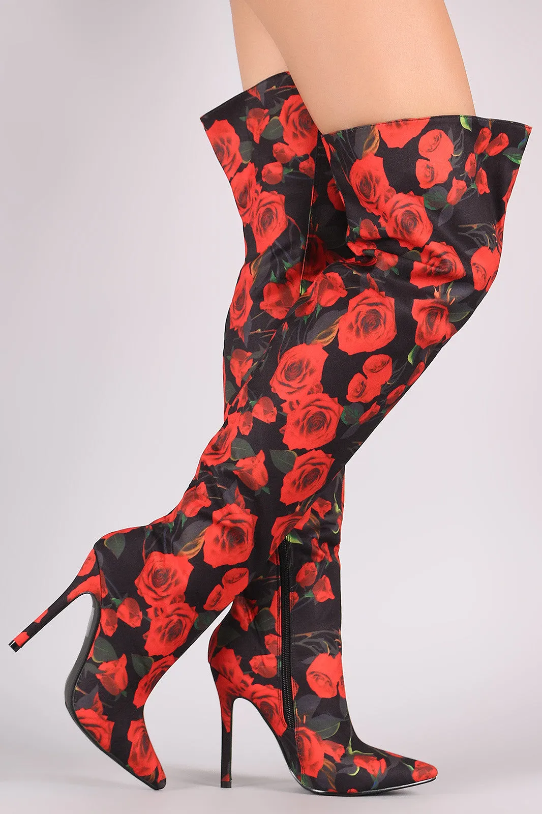 Rosette Print Pointy Toe Over-The-Knee Boots