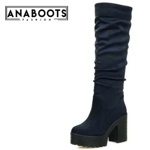 Round Toe Knee Square High Heel Boots