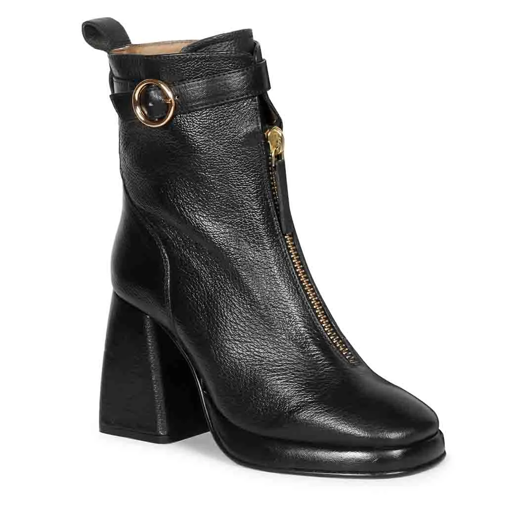 Saint Henriette Black Leather Front Zipper High Ankle Boots