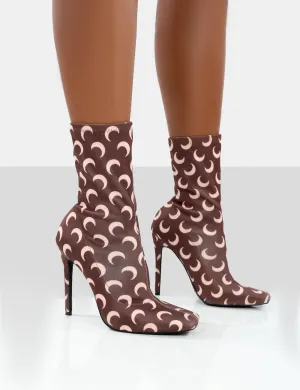 Saturn Return Brown Pointed Toe Stiletto Printed Sock Boots