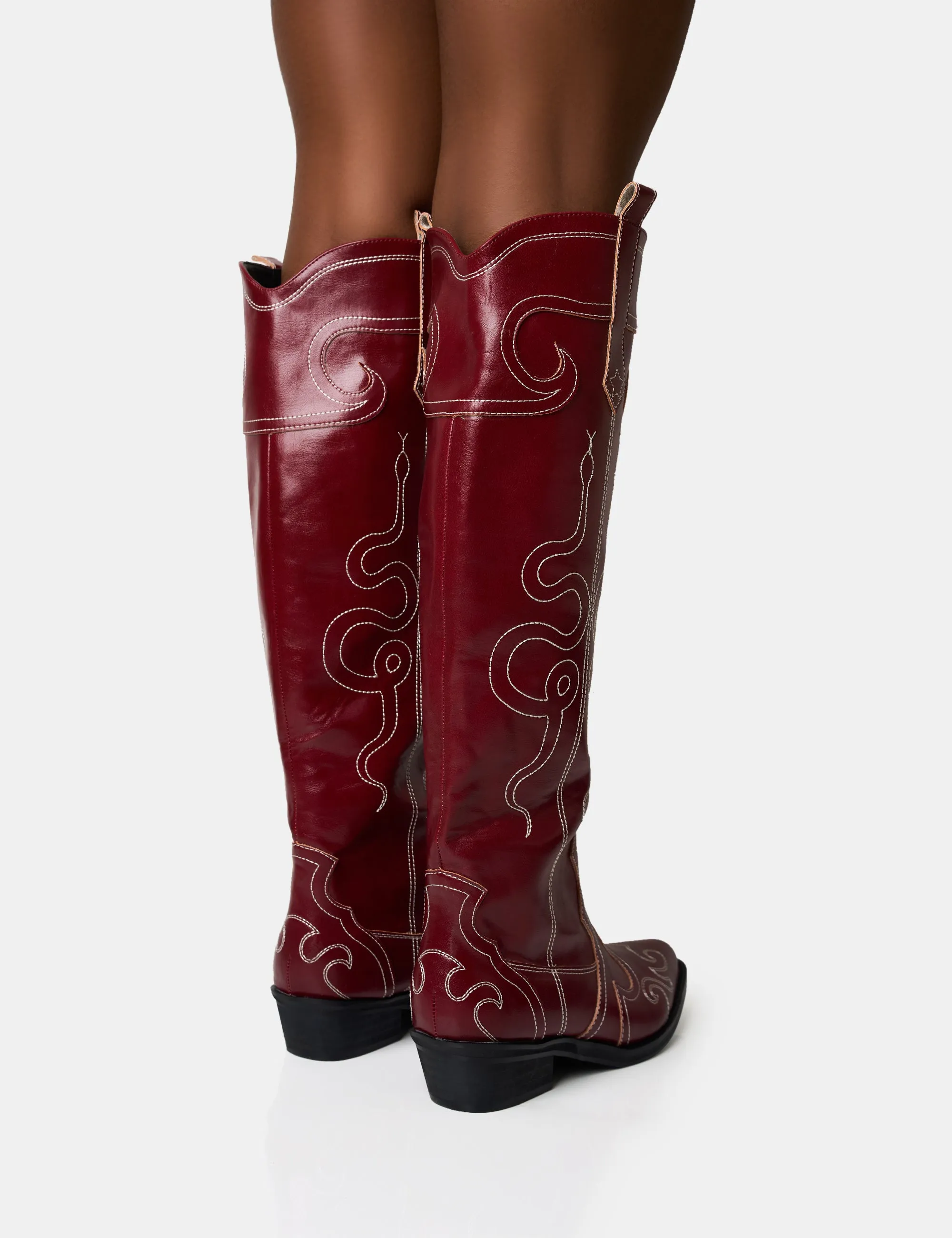 Serpentine Burgundy Snake Embroidered Flat Knee High Western Boots