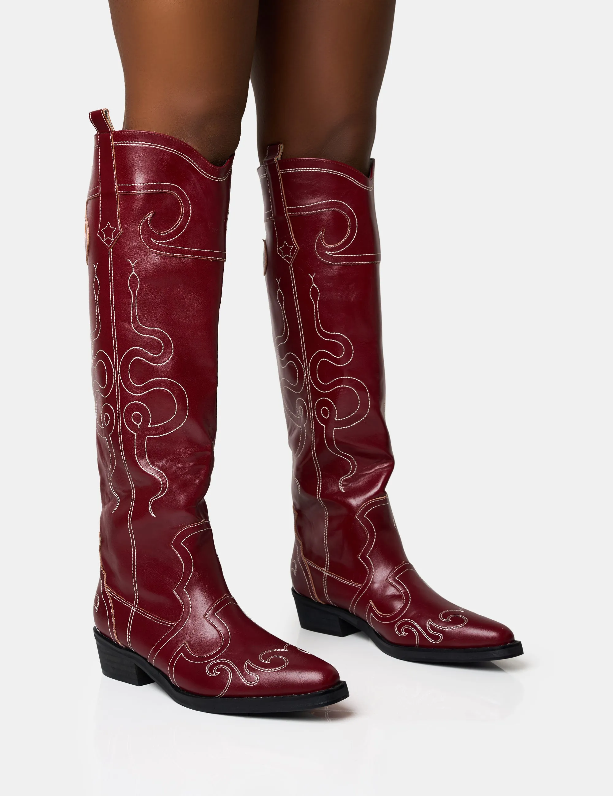 Serpentine Burgundy Snake Embroidered Flat Knee High Western Boots