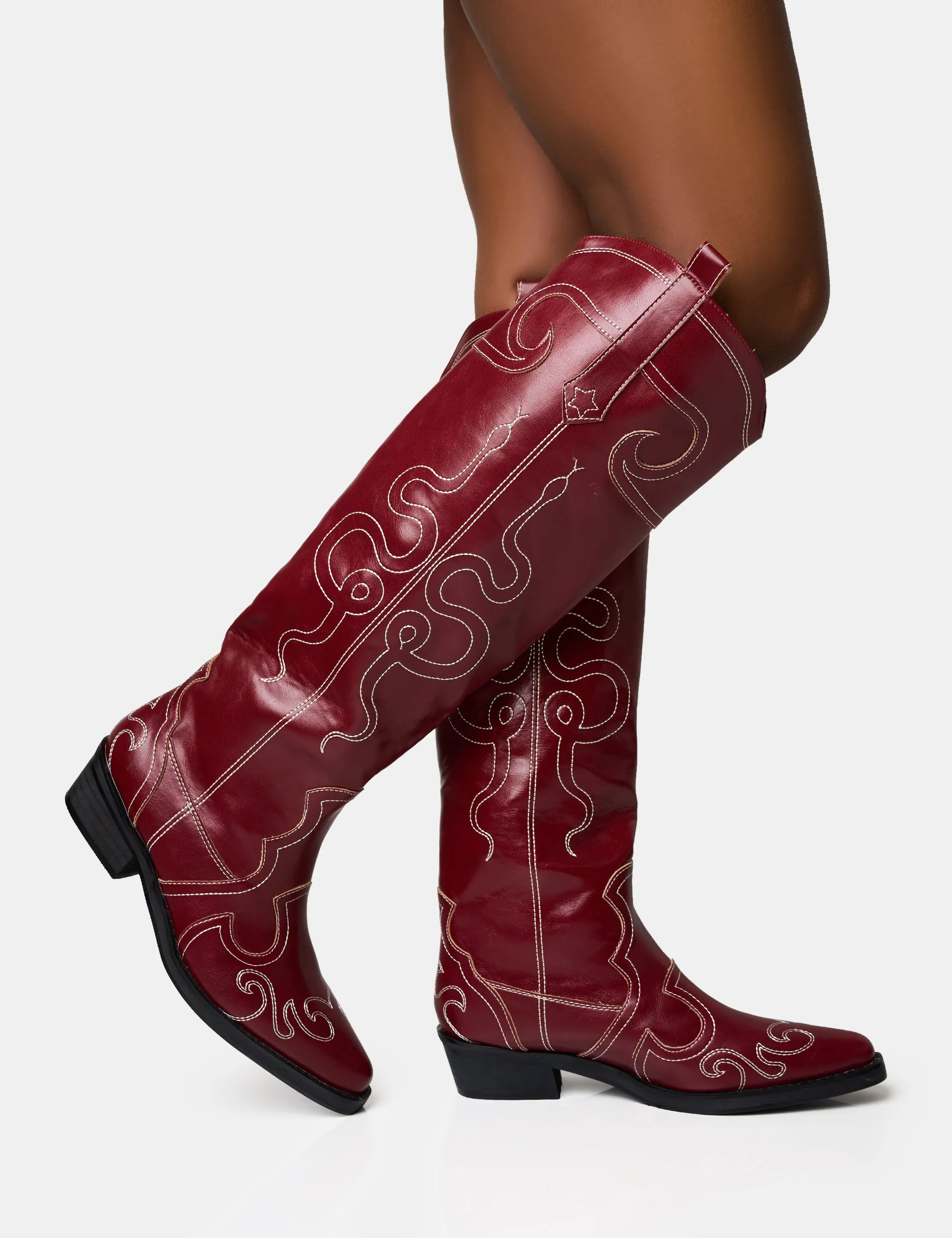 Serpentine Burgundy Snake Embroidered Flat Knee High Western Boots