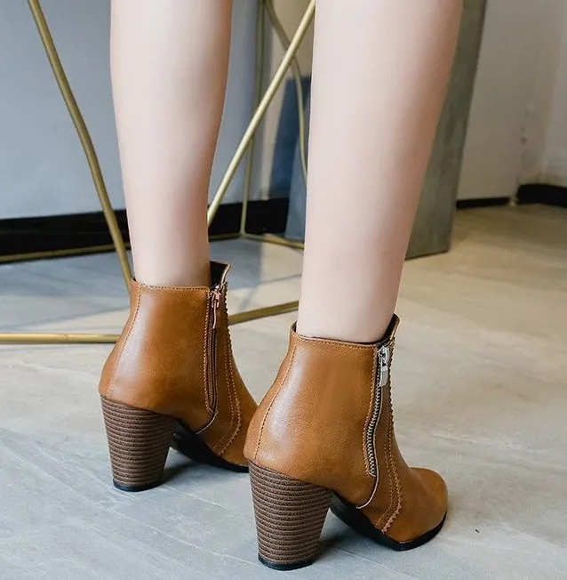 SH273 - Hollow High Heeled Brown Ankle Boots