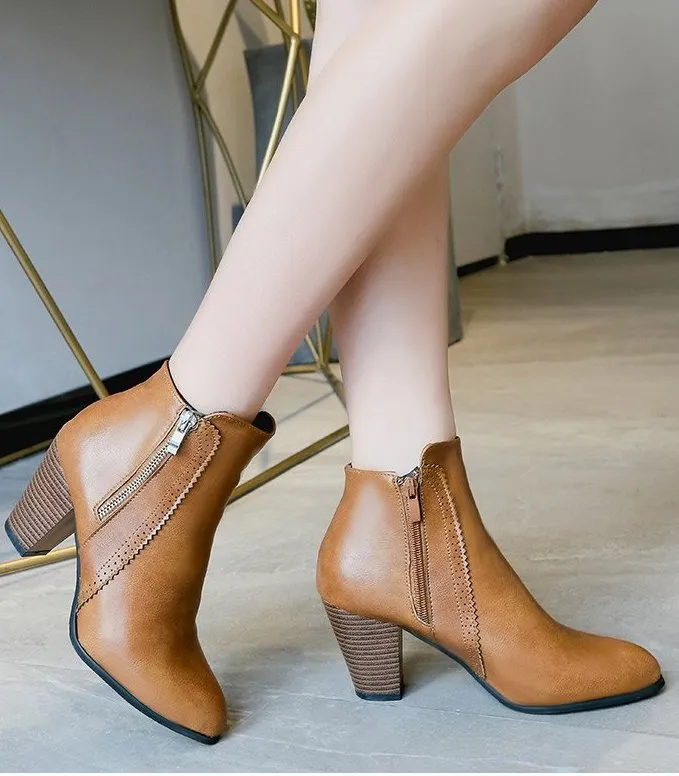 SH273 - Hollow High Heeled Brown Ankle Boots